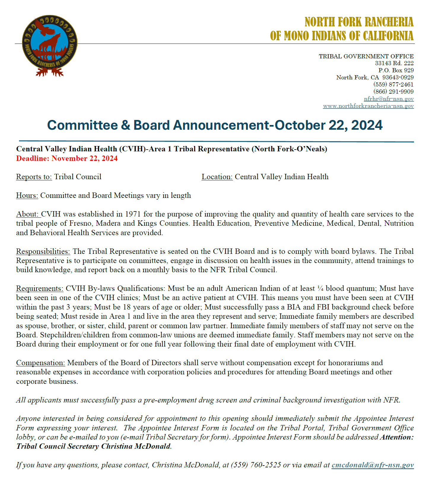 Read more about the article Central Valley Indian Health (CVIH) Committee & Board Announcement