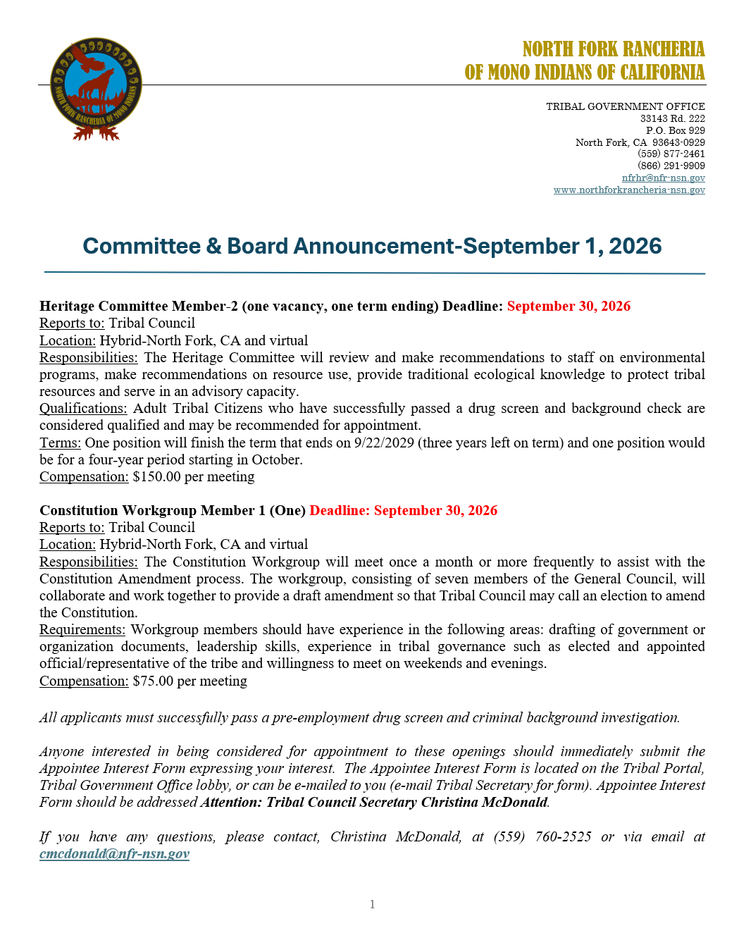 Read more about the article Committee & Board Announcement – September 1, 2026