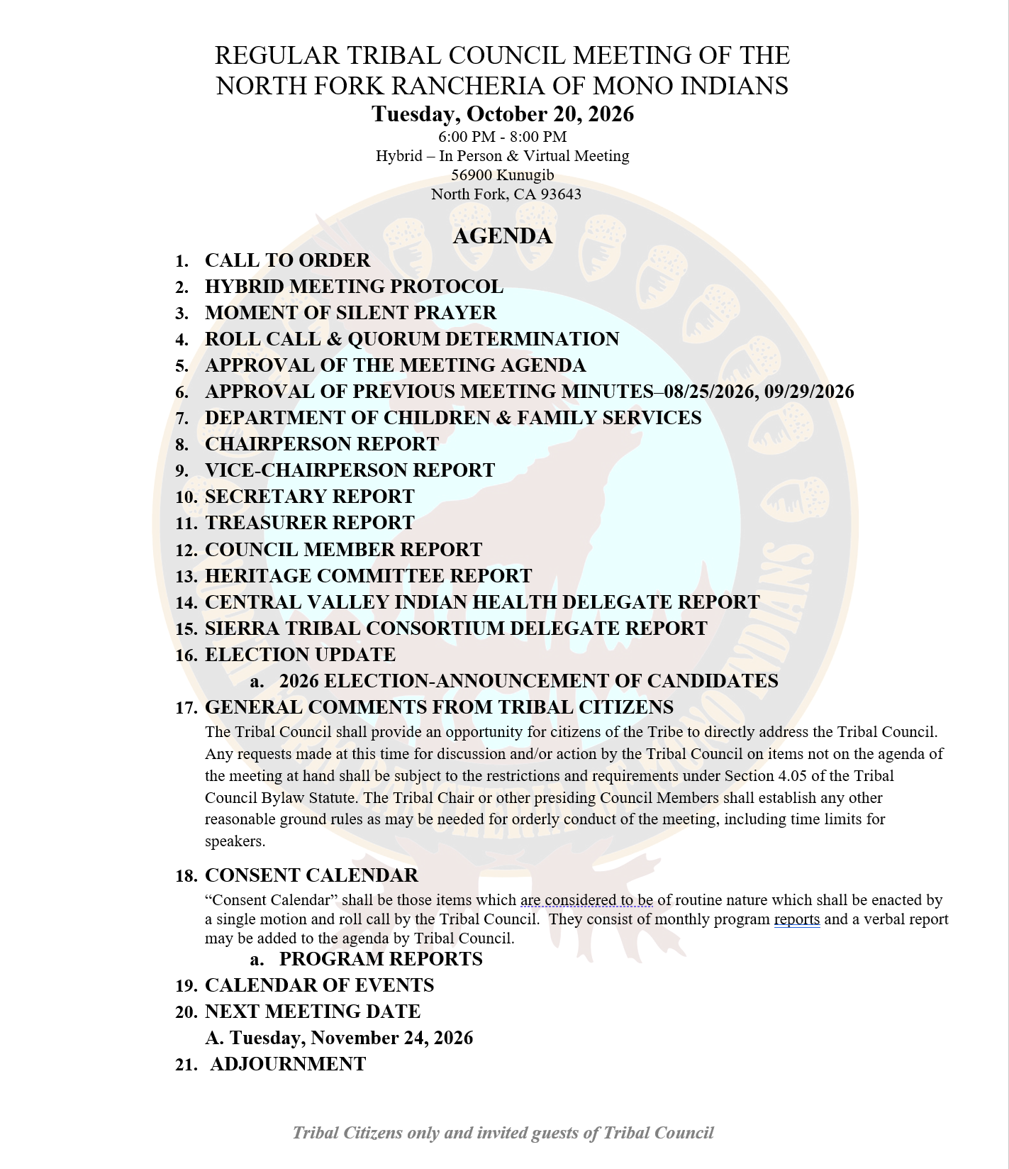 Read more about the article Regular Monthly Tribal Council Meeting October 20, 2026 – Agenda